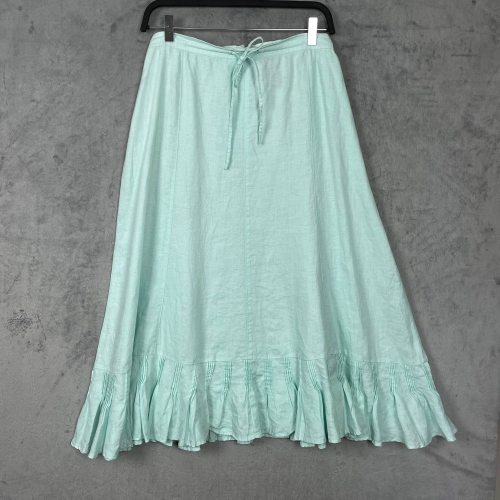 Mint Linen Cottagecore Boho Midi Skirt Ruffle Hem Size 14 Prairie Feminine